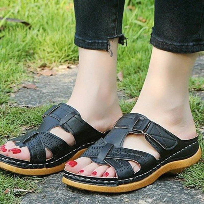 Sandales Femme Compensées Été Orthopédiques - Talon Moyen Confort, Semelle Soutien Voûte Plantaire, Sandales T-Strap Élastique Toile